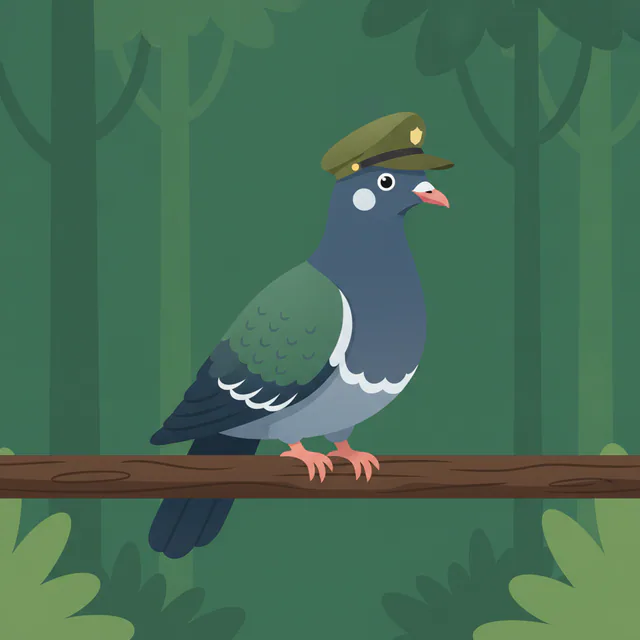 Kererū wood pigeon wearing a tiny vintage manager cap
